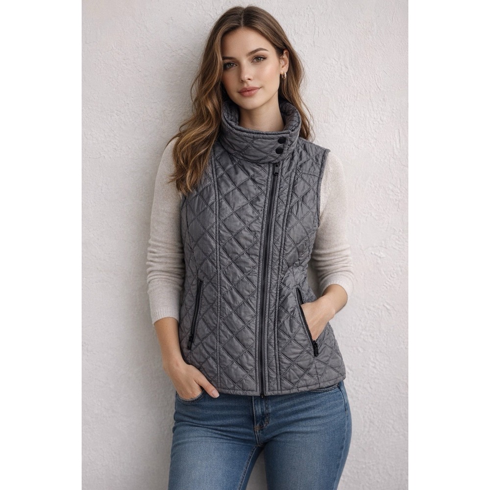 Marc New York Andrew Marc Quilted Vest Women's XL Gray Stand Collar Zip Pockets
